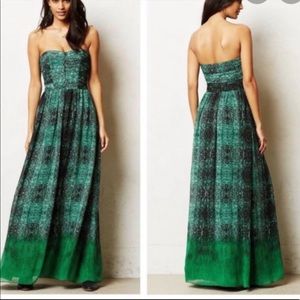 Anthropologie Long Strapless Green/Black Dress Sz4